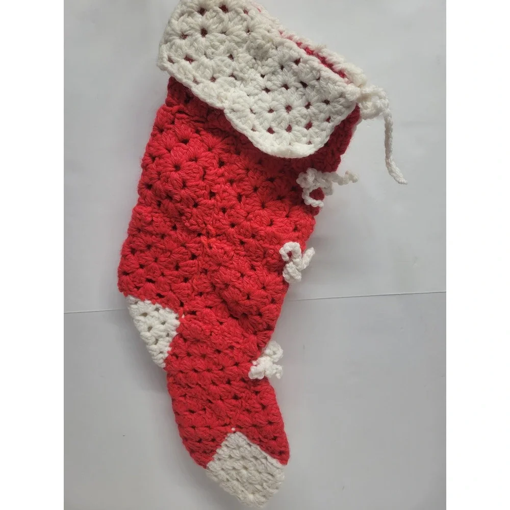 Vintage Handmade Crochet Christmas Stocking Red‎ White Bows Holiday Decor 14.5in